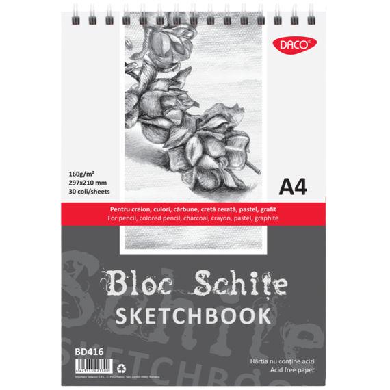 Bloc desen si schite A4 cu spirala, 160g/mp, 30 file, DACO - Papet