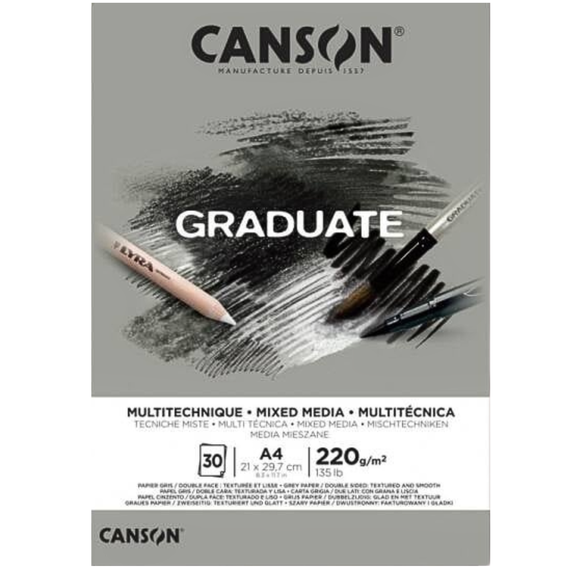 Bloc Mixed Media A4 cu hartie gri, 220g/mp, 30 file, CANSON Graduate - Papet