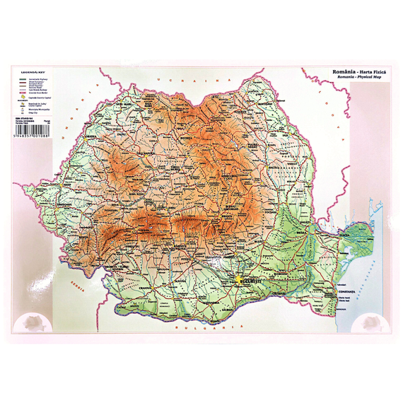 Plansa harta fizica si politica a Romaniei A4, fata-verso, NOVA - Papet