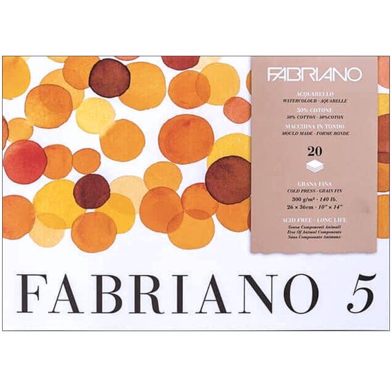 Bloc Acuarela 26 x 36 cm, 50% bumbac, 300g/mp, 20 file, FABRIANO 5 Grano Fino - Papet