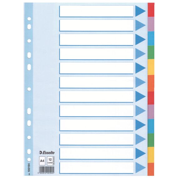 Separatoare carton A4, 12 culori/set, ESSELTE Standard - Papet