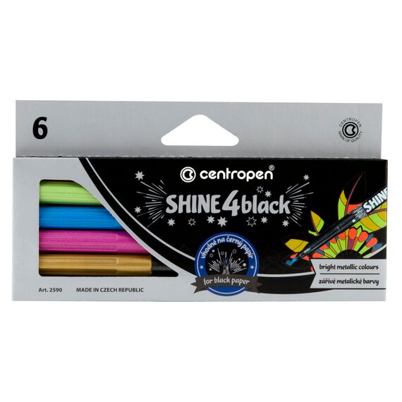 Marker permanent culori metalice, CENTROPEN Shine 4 Black , 6 culori/set - Papet