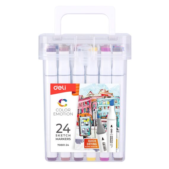 Set sketch marker cu 2 capete, uscare rapida, 24 culori/set, DELI Color Emotion - 2Papet