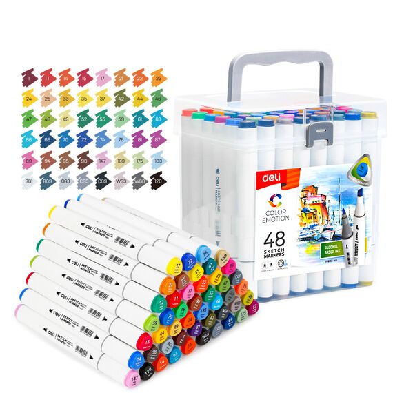 Set sketch marker cu 2 capete, 48 culori/set, DELI Color Emotion - Papet
