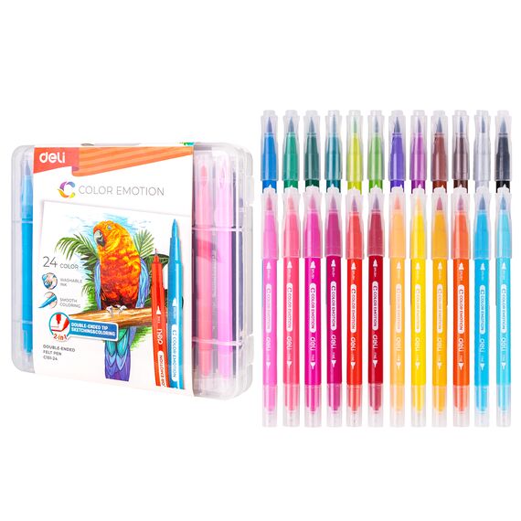 Carioci cu 2 capete, varf pensula si liner, DELI, 24 culori/set - 2Papet