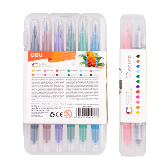 Carioci cu 2 capete, varf pensula si liner, DELI, 12 culori/set - 3Papet