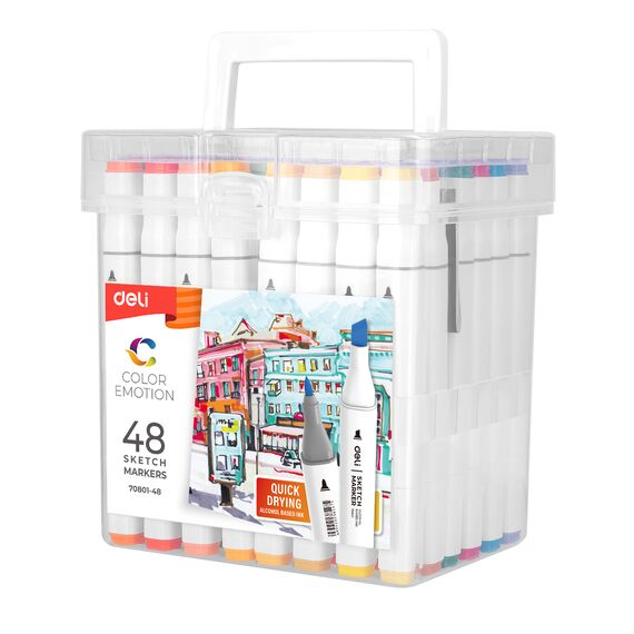 Set sketch marker cu 2 capete, uscare rapida, 48 culori/set, DELI Color Emotion - Papet