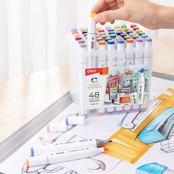 Set sketch marker cu 2 capete, uscare rapida, 48 culori/set, DELI Color Emotion - 3Papet