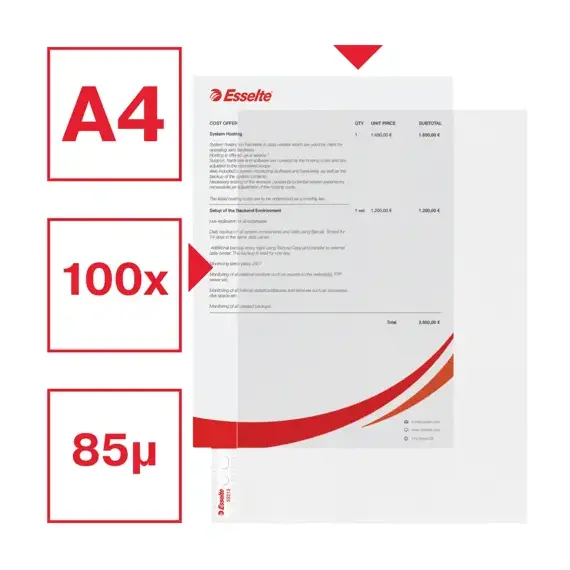 File protectie transparente, deschidere in "L", 85 microni, 100 buc/set, A4, ESSELTE - 2Papet