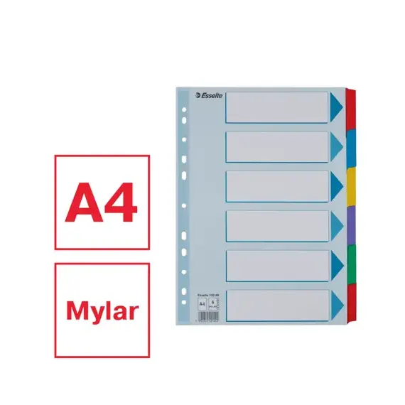 Separatoare carton A4, 6 culori/set taste laminate, ESSELTE Mylar - 4Papet