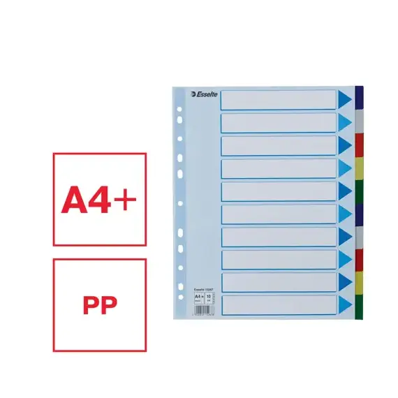 Separatoare plastic A4 Maxi, 10 culori/set, ESSELTE - 3Papet