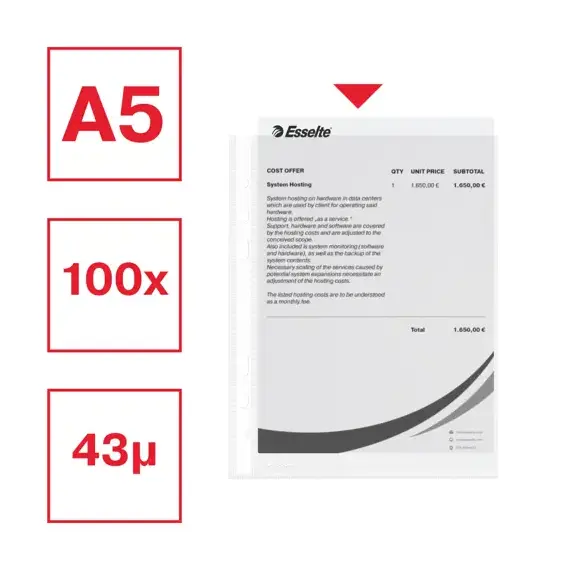 File protectie transparente, 43 microni, 100 buc/set, A5, ESSELTE - 3Papet