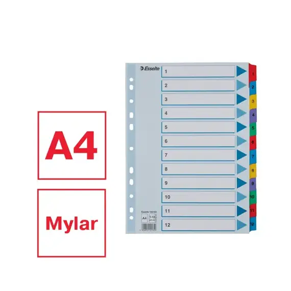 Separatoare carton A4, numere de la 1-12 laminate, ESSELTE Mylar - 5Papet