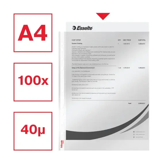 File protectie cristal, 40 microni, 100 buc/set, A4, ESSELTE - 2Papet