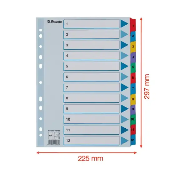 Separatoare carton A4, numere de la 1-12 laminate, ESSELTE Mylar - 4Papet