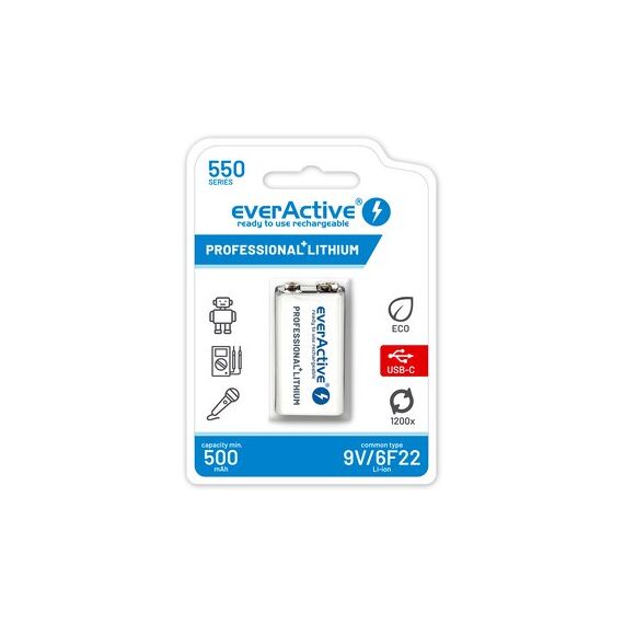 Acumulator cu incarcare USB EVERACTIVE Professional Line, 9V 6LR61 6LF22 Ni-Mh, 550 mAh - Papet