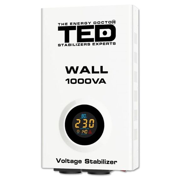 Stabilizator de tensiune cu prindere de perete, monofazat, 600W, 230V, 2 prize si ecran LCD, sinusoidala pura, TED Electric - Papet