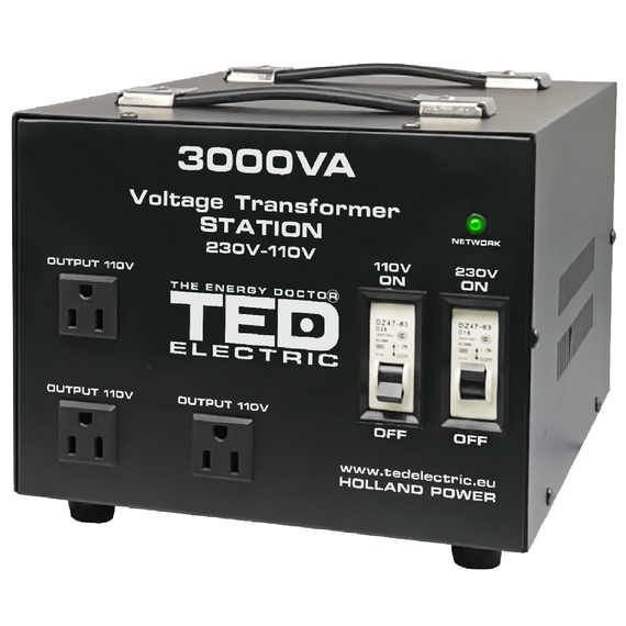 Transformator de tensiune reversibil, convertor de la 220V la 110V, 3000VA, 2400W, cu carcasa si regleta, TED Electric - Papet