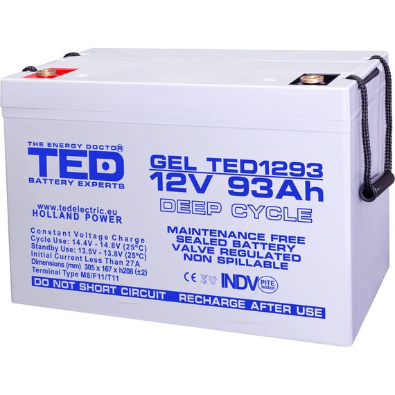 Acumulator AGM VRLA 12V GEL Deep Cycle, 93 Ah, dimensiuni 305 x 167 x 208 F12 M8, TED Electric - Papet