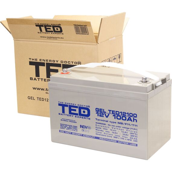 Acumulator AGM VRLA 12V, 100Ah GEL Deep Cycle, dimensiuni 329 x 172 x 212 mm M8, TED Electric - 2Papet