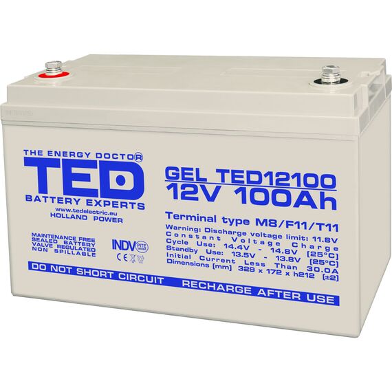Acumulator AGM VRLA 12V, 100Ah GEL Deep Cycle, dimensiuni 329 x 172 x 212 mm M8, TED Electric - Papet