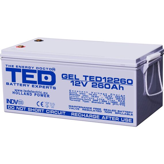 Acumulator AGM VRLA 12V GEL Deep Cycle, 260 Ah, dimensiuni 520 x 268 x 229 M8, TED Electric - Papet