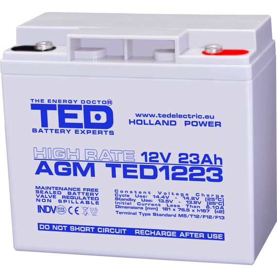 Acumulator AGM VRLA 12V High Rate, 23 Ah, dimensiuni 181 x 76,5 x 167 M5, TED Electric - Papet
