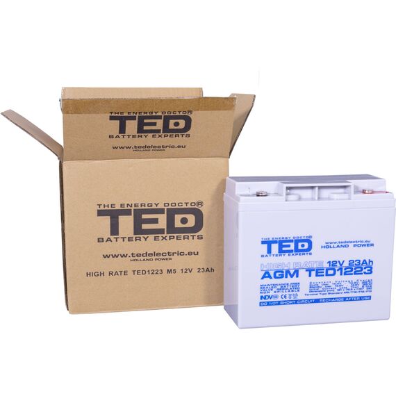 Acumulator AGM VRLA 12V High Rate, 23 Ah, dimensiuni 181 x 76,5 x 167 M5, TED Electric - 2Papet