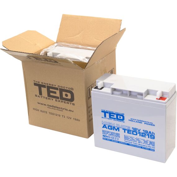 Acumulator AGM VRLA 12V High Rate, 19 Ah, dimensiuni 181 x 77 x 167 F3, TED Electric - 2Papet