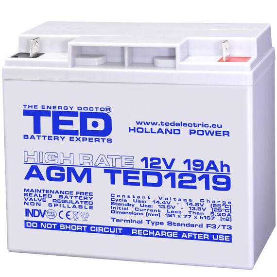 Acumulator AGM VRLA 12V High Rate, 19 Ah, dimensiuni 181 x 77 x 167 F3, TED Electric - Papet