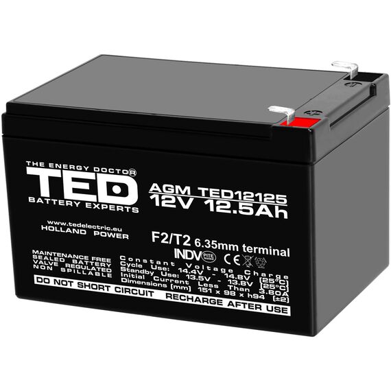 Acumulator AGM VRLA 12V, 12.5 Ah, dimensiuni 151 x 98 x 94 F2, TED Electric - Papet