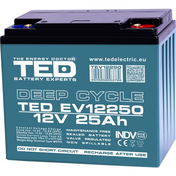 Acumulator AGM VRLA 12V GEL Deep Cycle, 25 Ah, dimensiuni 178 x 77 x 171 M5, TED Electric - Papet