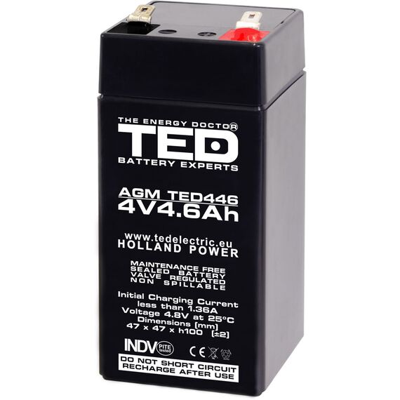 Acumulator AGM VRLA 4V, 4.6 Ah, dimensiuni 47 x 47 x 100 F1, TED Electric - Papet
