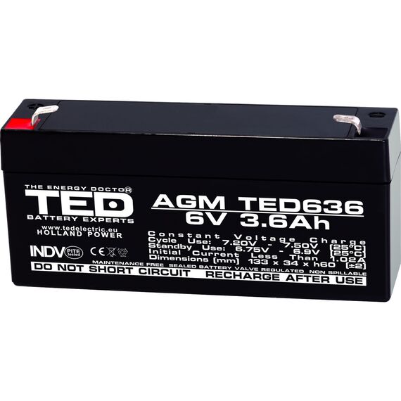 Acumulator AGM VRLA 6V, 3.6 Ah, dimensiuni 133 x 34 x 60 F1, TED Electric - Papet