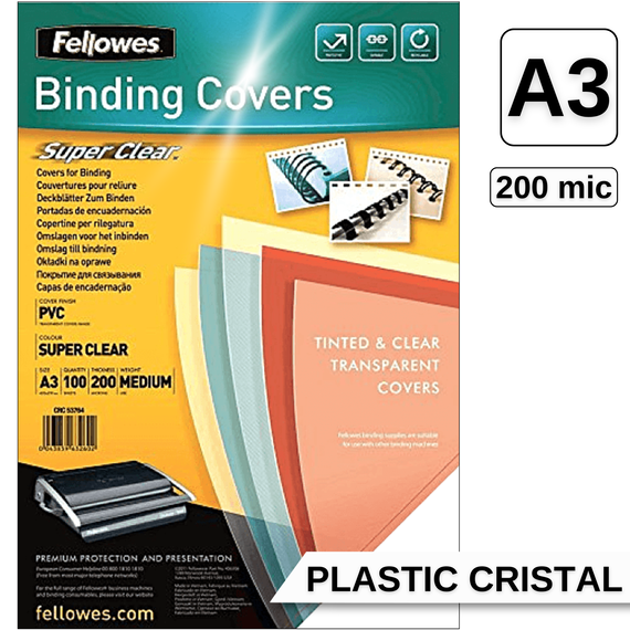 Coperti plastic transparent, A3, 200 microni, FELLOWES, 100 coli/top - Papet