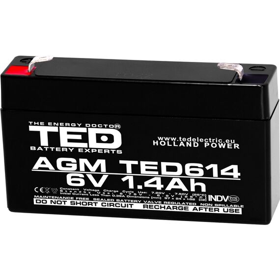 Acumulator AGM VRLA 6V, 1.4 Ah, dimensiuni 97 x 24 x 52 F1, TED Electric - Papet