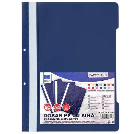 Dosar plastic cu sina si gauri PAPERLAND, 50 buc/set, ALEGE CULOAREA: Bleumarin - 2Papet