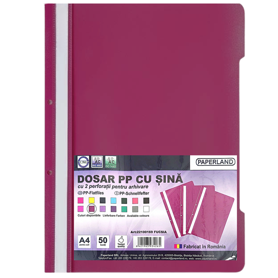 Dosar plastic cu sina si gauri PAPERLAND, 50 buc/set, ALEGE CULOAREA: Fucsia - 2Papet