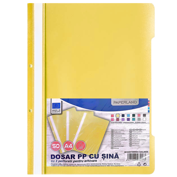 Dosar plastic cu sina si gauri PAPERLAND, 50 buc/set, ALEGE CULOAREA: Galben - 2Papet