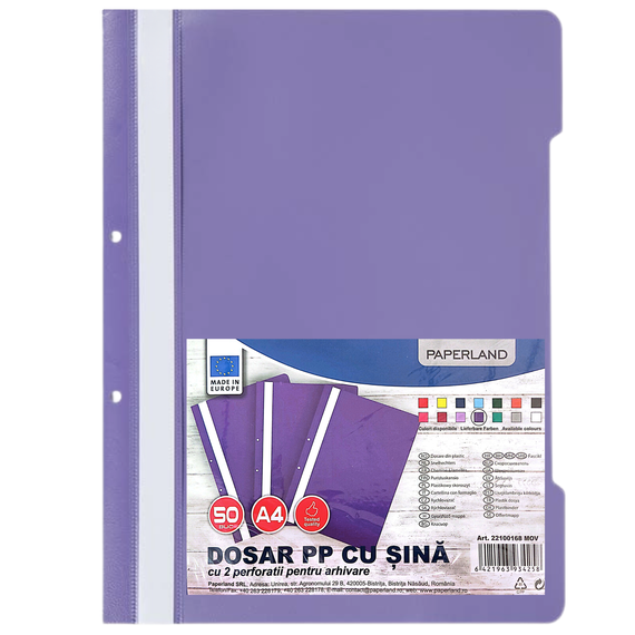Dosar plastic cu sina si gauri PAPERLAND, 50 buc/set, ALEGE CULOAREA: Mov - 2Papet