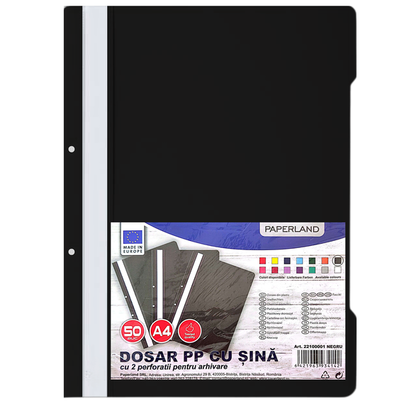 Dosar plastic cu sina si gauri PAPERLAND, 50 buc/set, ALEGE CULOAREA: Negru - 2Papet