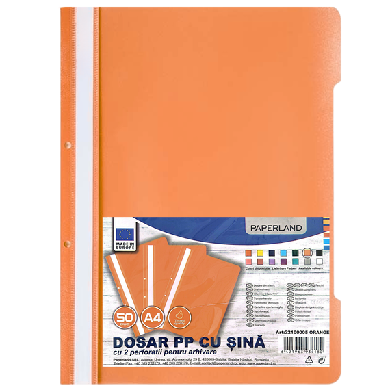 Dosar plastic cu sina si gauri PAPERLAND, 50 buc/set, ALEGE CULOAREA: Portocaliu - 2Papet