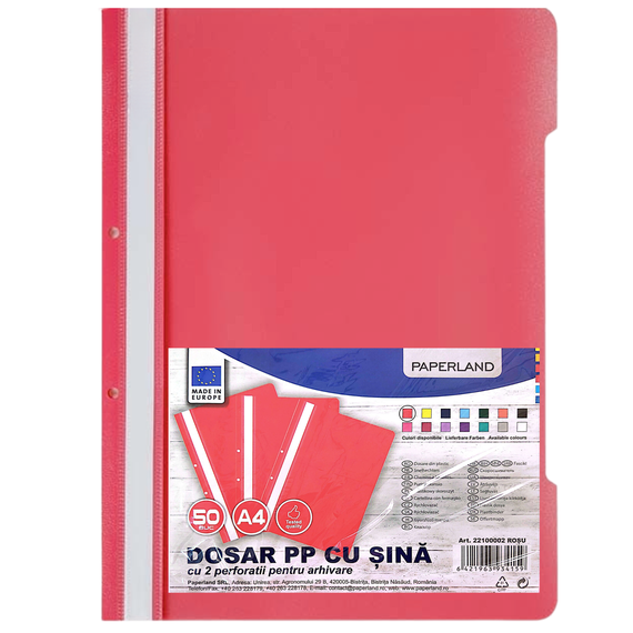 Dosar plastic cu sina si gauri PAPERLAND, 50 buc/set, ALEGE CULOAREA: Rosu - 2Papet
