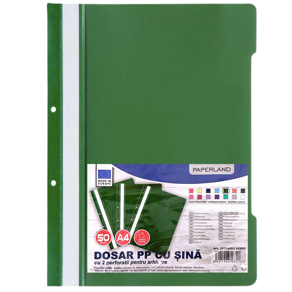 Dosar plastic cu sina si gauri PAPERLAND, 50 buc/set, ALEGE CULOAREA: Verde - 2Papet