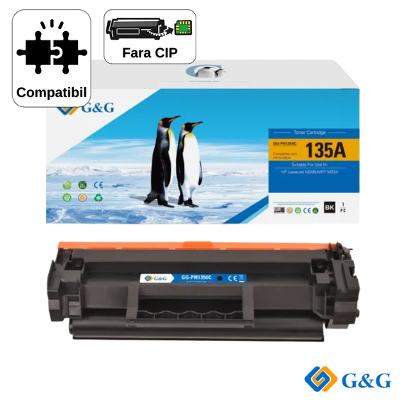 Cartus toner compatibil G&G Black W1350A 135A, fara cip, pentru HP LaserJet M209DW, 1.100 pagini - Papet