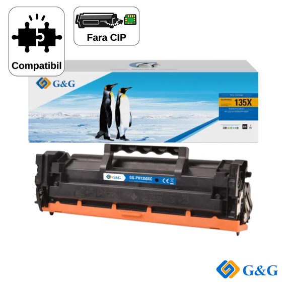 Cartus toner compatibil G&G Black W1350X 135X, fara cip, pentru HP LaserJet M209DW, 2.400 pagini - Papet