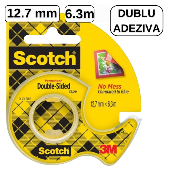 Banda dublu adeziva cu dispenser, 12.7 mm x 6.3 m, SCOTCH Double Sided 3M - Papet
