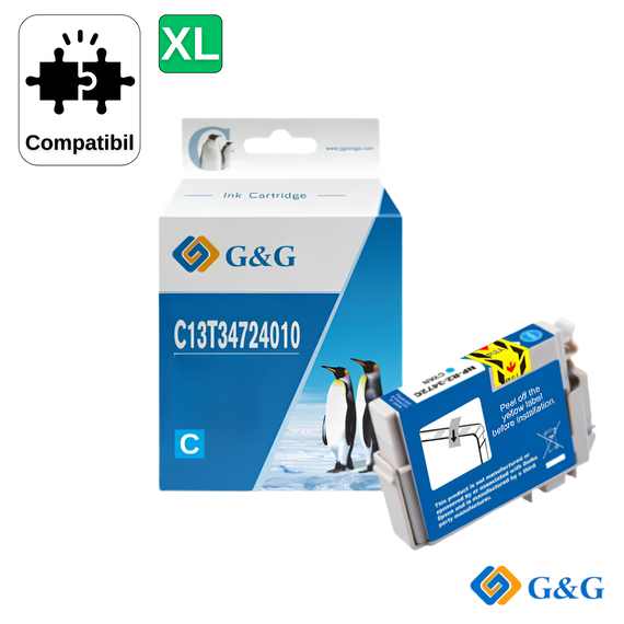 Cartus inkjet compatibil G&G Cyan 34XL C13T34724010, pentru Epson WorkForce Pro WF-3720DWF, 1.100 pagini - Papet