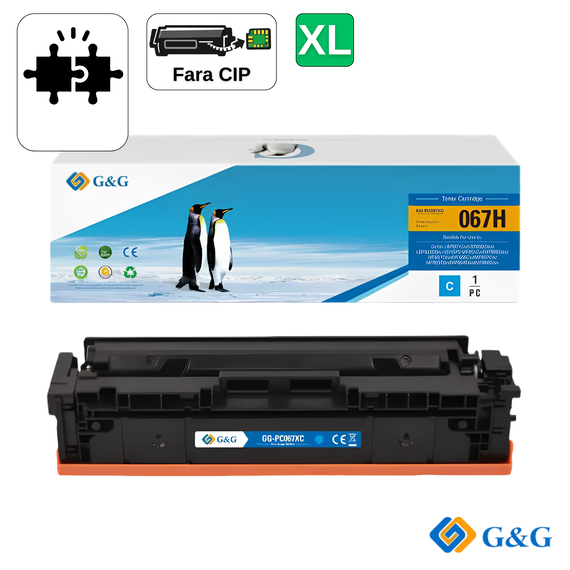 Cartus toner compatibil G&G Cyan CRG‑067HC, fara cip, pentru Canon i‑Sensys MF655Cdw, 2.350 pagini - Papet