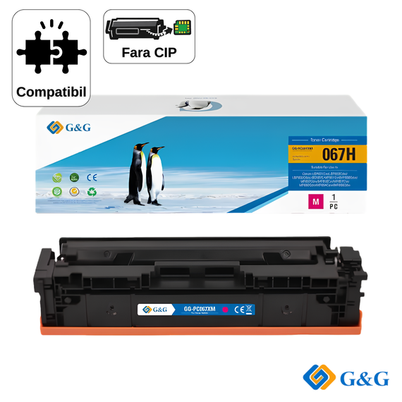 Cartus toner compatibil G&G Magenta CRG‑067M, fara cip, pentru Canon i‑Sensys MF655Cdw, 1.250 pagini - Papet